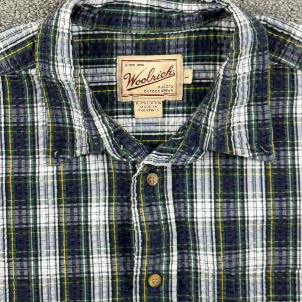 Woolrich Shirt Mens L Green Plaid Short Sleeve Cotton Rugged Outdoor Casual